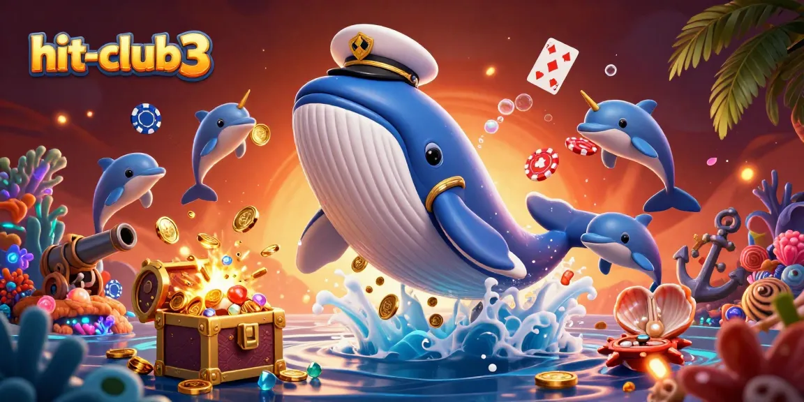 Engage in vibrant gaming at hit-club3 with whales leaping through coins and dolphins showcasing poker skills.