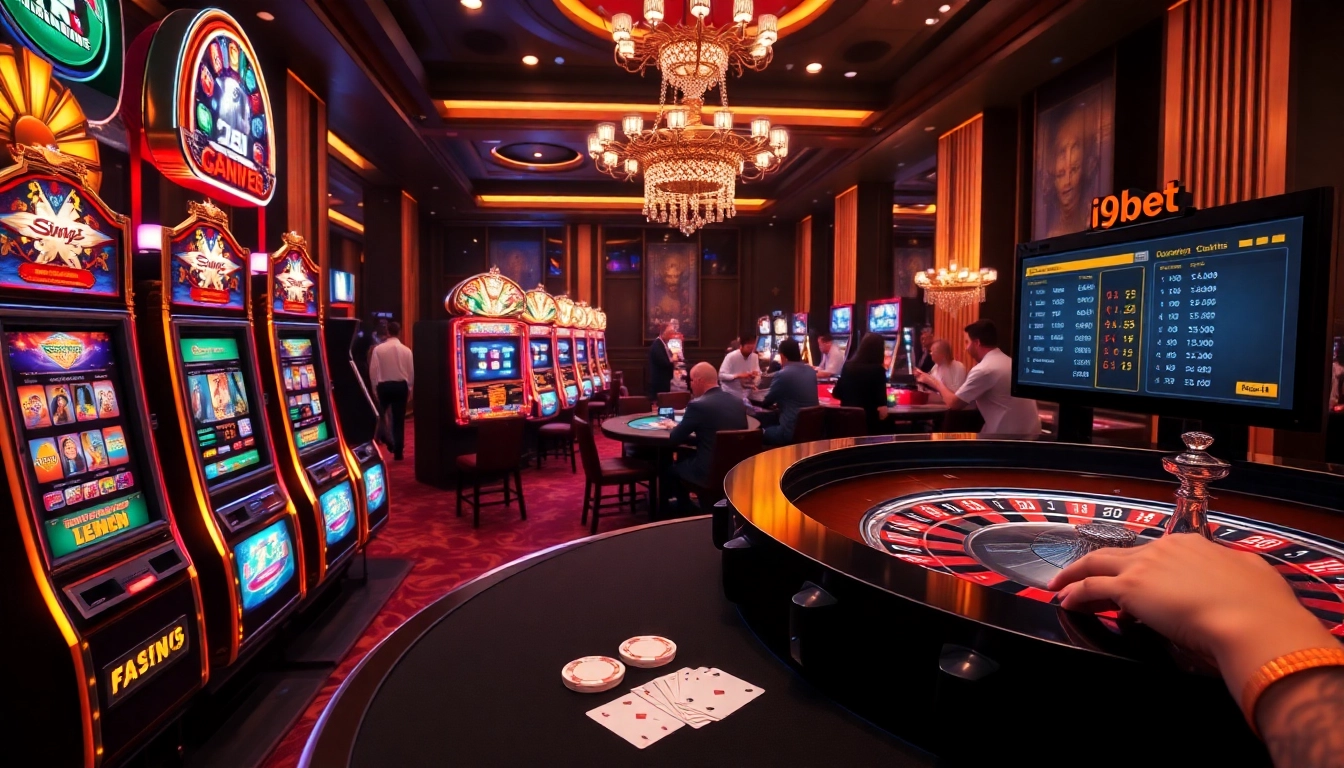 Experience the thrill of i9bet with lively casino activities showcasing poker chips and slot machines.