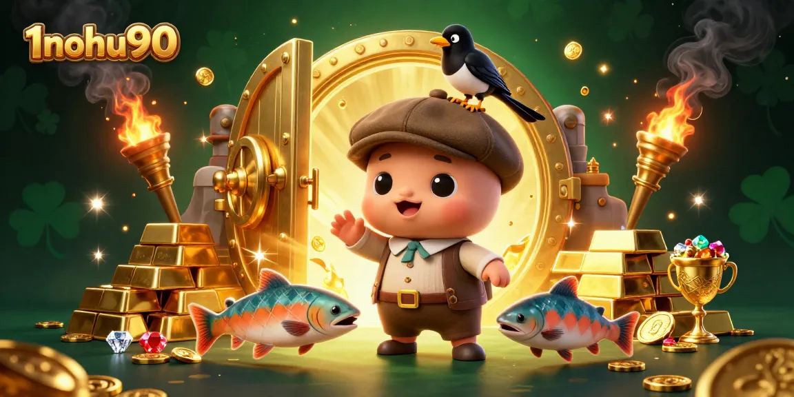 Experience thrilling slots at 1nohu90 with gold treasures and playful characters in this vibrant scene.
