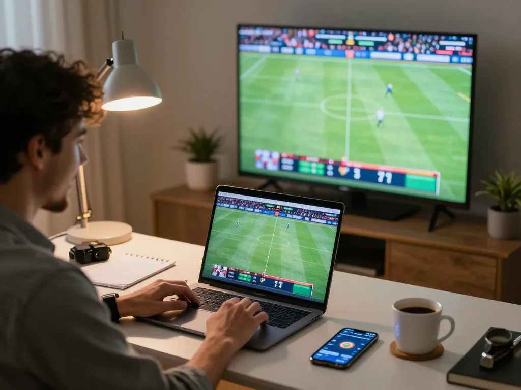 Player using laptop for online sports betting on s666hn with live game showing in the background