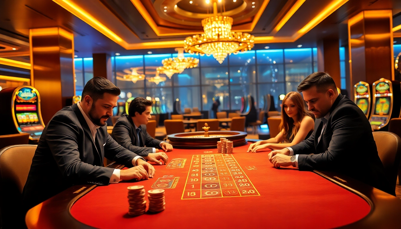 Players engaging in high-stakes poker at 8XX casino, surrounded by vibrant roulette and slot machines.
