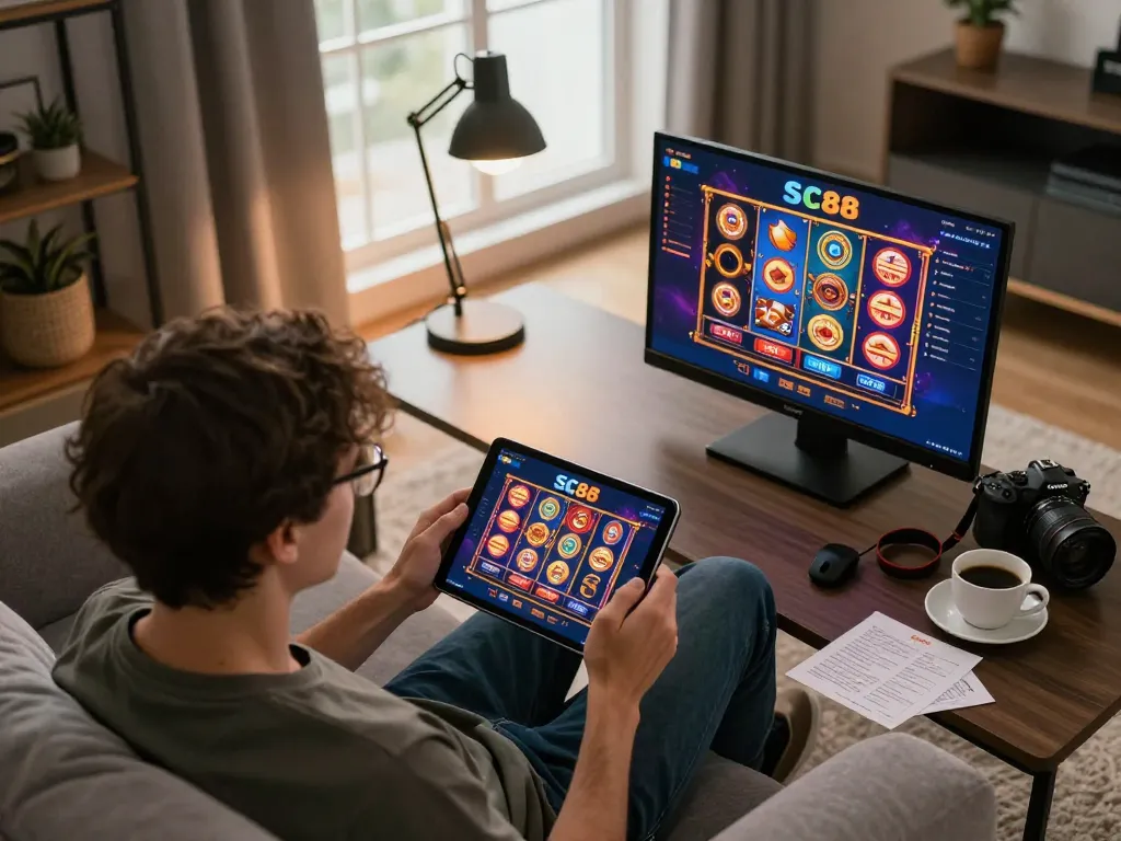 Enjoying gameplay at sc88 casino on tablet in a cozy home setting with engaging slot games.