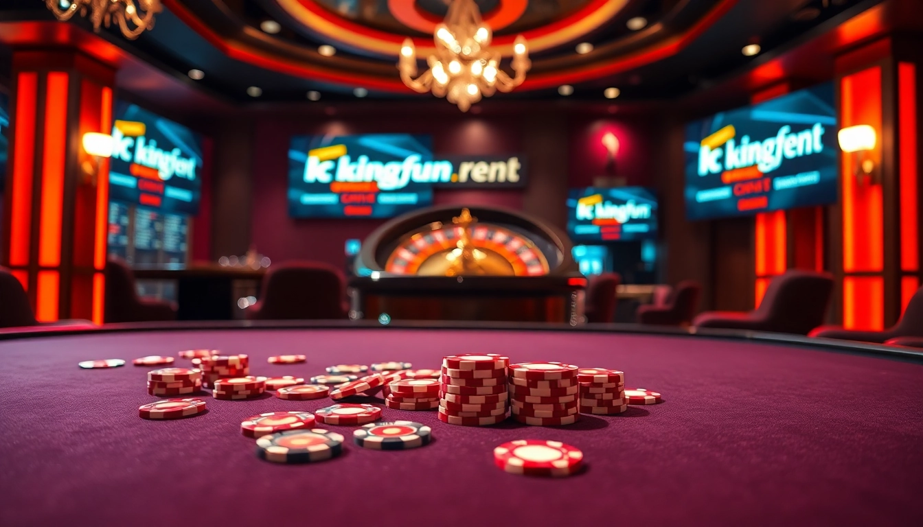 Engaging casino scene highlighting kingfun.rent with vibrant poker chips and an exciting atmosphere.