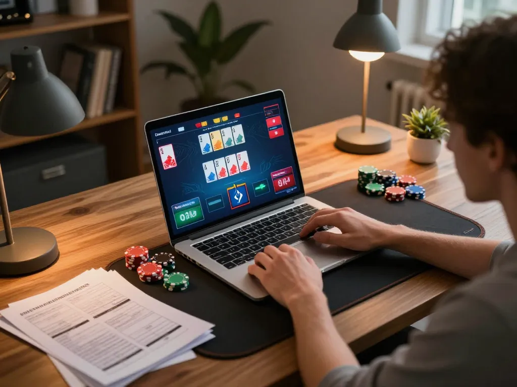 Players immerse in THABET online poker gameplay with vibrant betting options and cozy home setting.