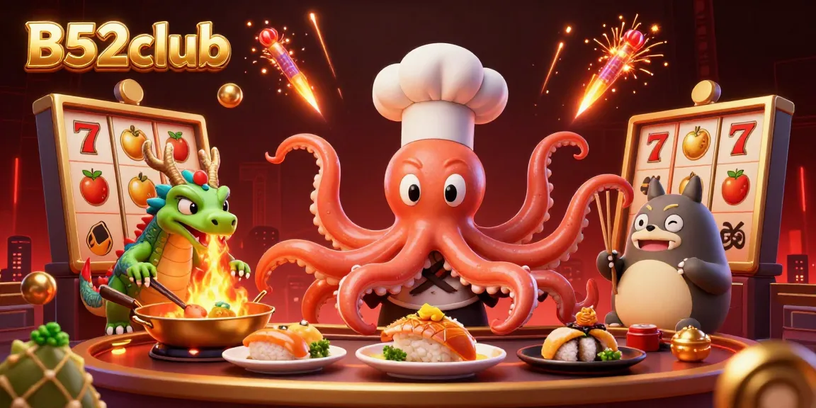 B52club offers thrilling casino action with a vibrant 3D illustration showcasing a sushi chef octopus and lucky symbols.