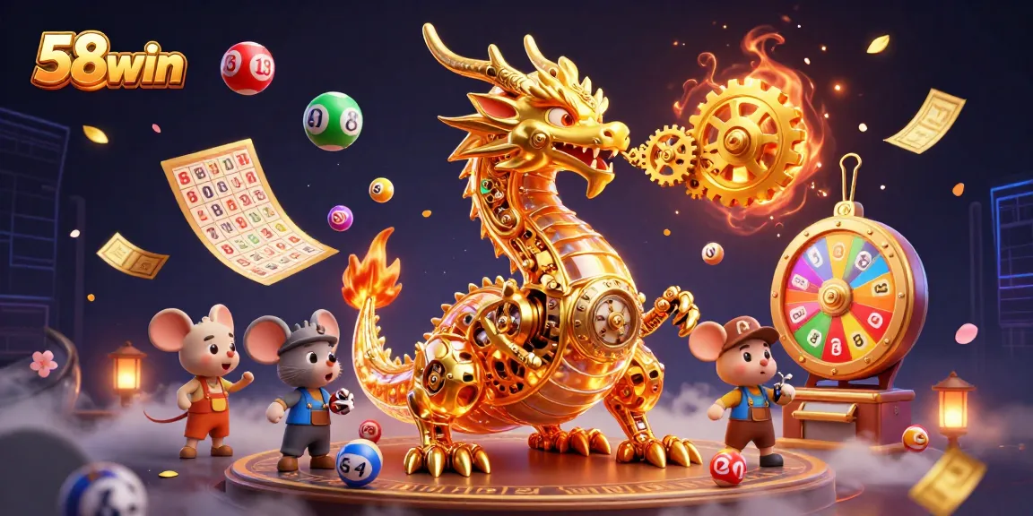 Engage with 58win's dynamic gaming world featuring a golden dragon and vibrant lottery elements.