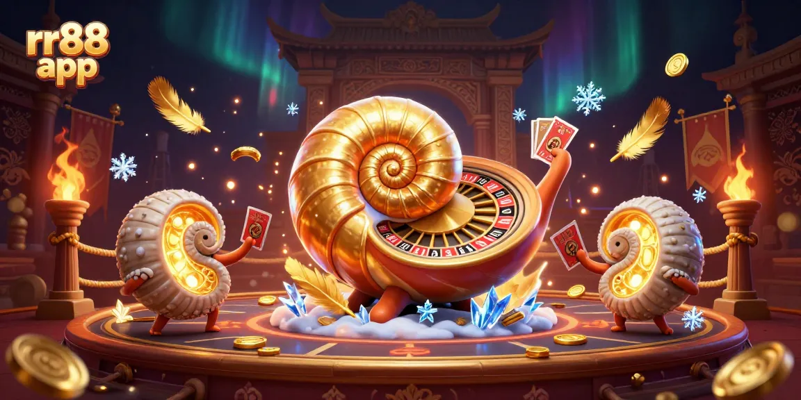 Experience the exciting rr88 app with a stunning illustration of a giant nautilus roulette wheel and glowing ammonite companions.