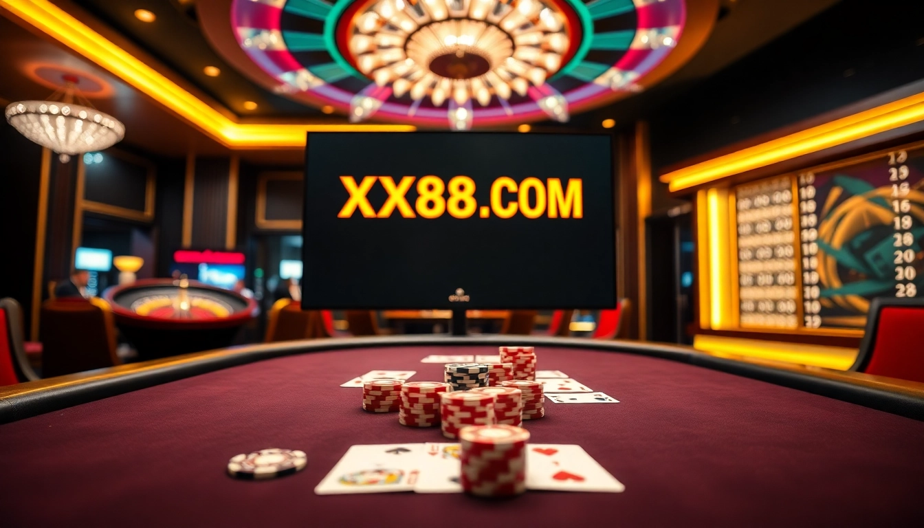 Engaging gameplay at XX88.COM casino table with poker chips and playing cards.