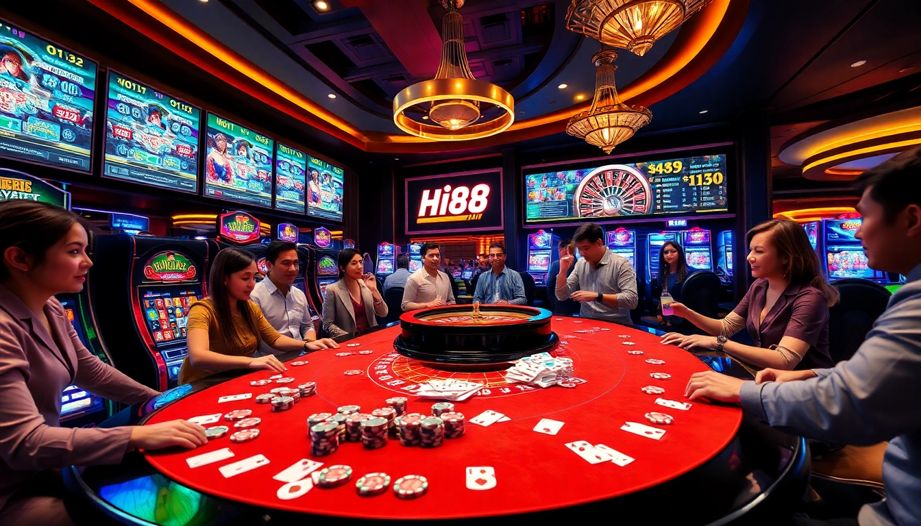 Experience thrilling gameplay at Hi88's upscale casino with vibrant slot machines and poker chips.