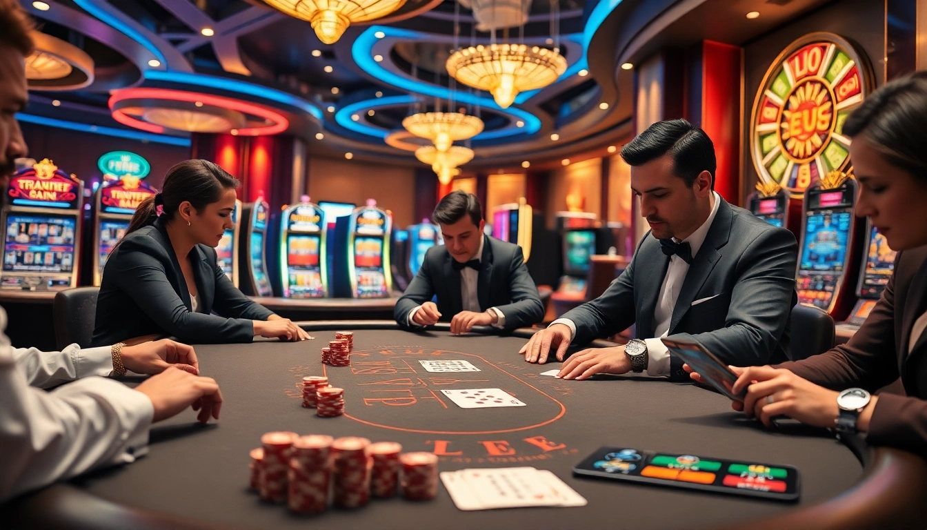 KJC poker table with players engaged in an exciting game surrounded by luxurious casino ambiance.