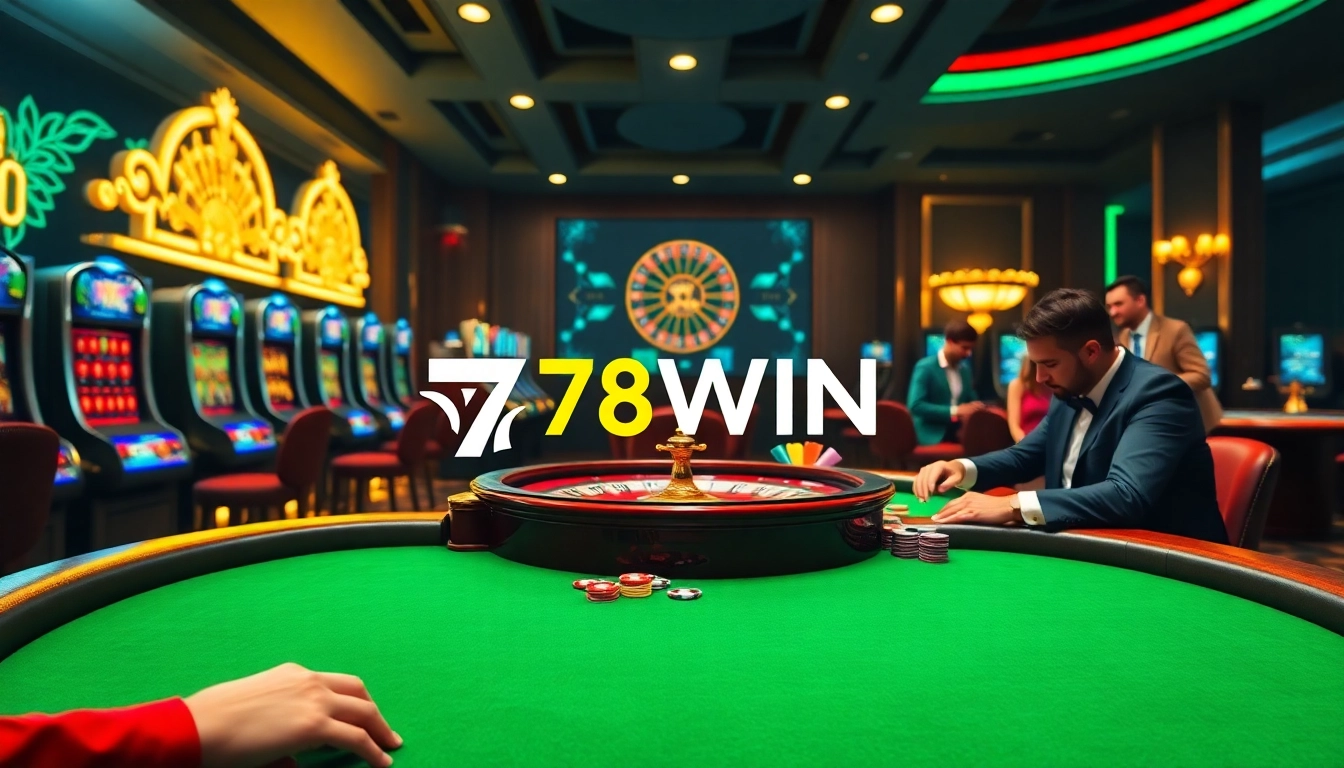 Experience high-stakes gaming at 78WIN's luxurious casino table with poker chips and cards