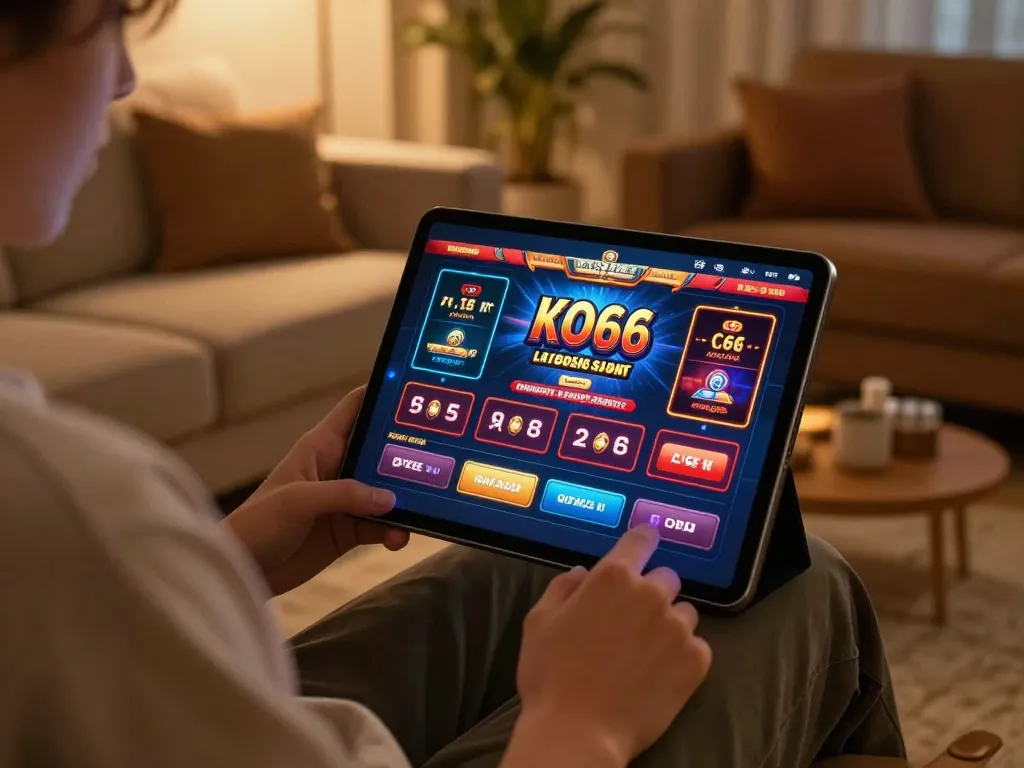 Engaging in KO66 online casino gaming from a cozy home setup with tablet and gaming interface.