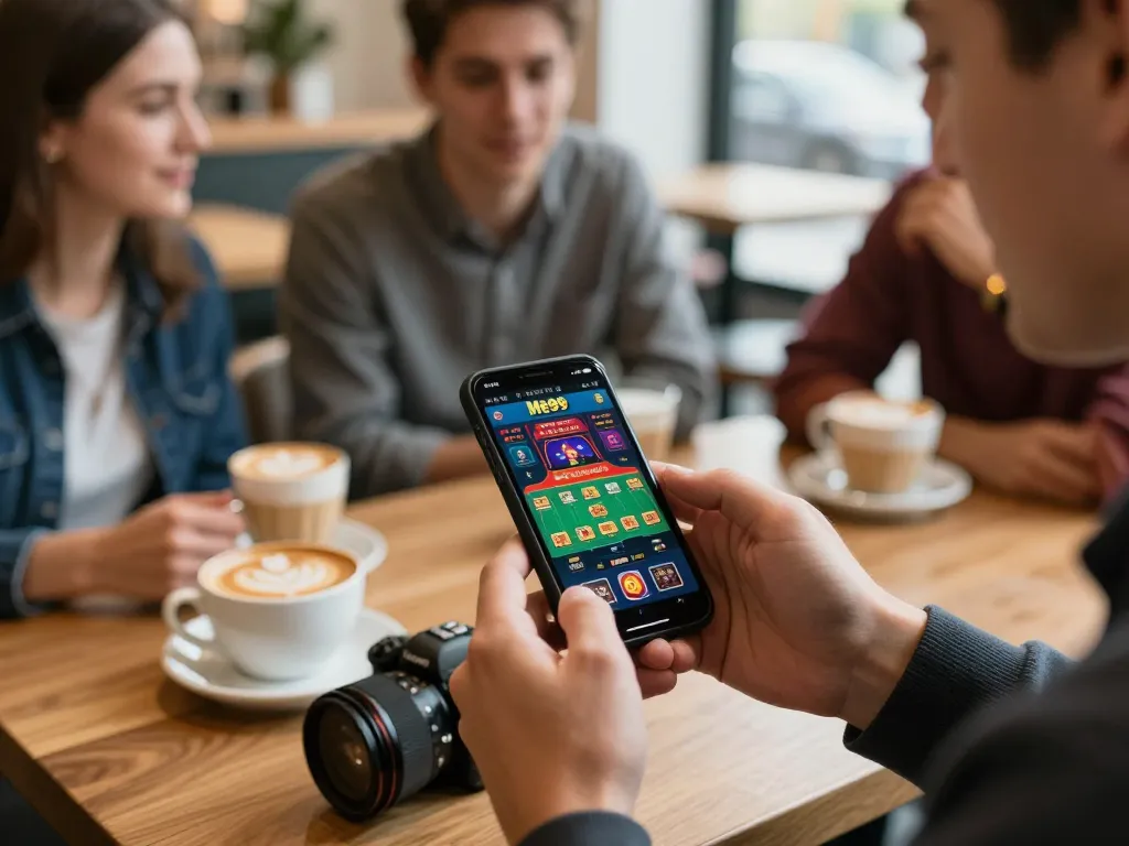 Players enjoying Me99 mobile casino gameplay in a cozy café setting, highlighting social gaming moments.