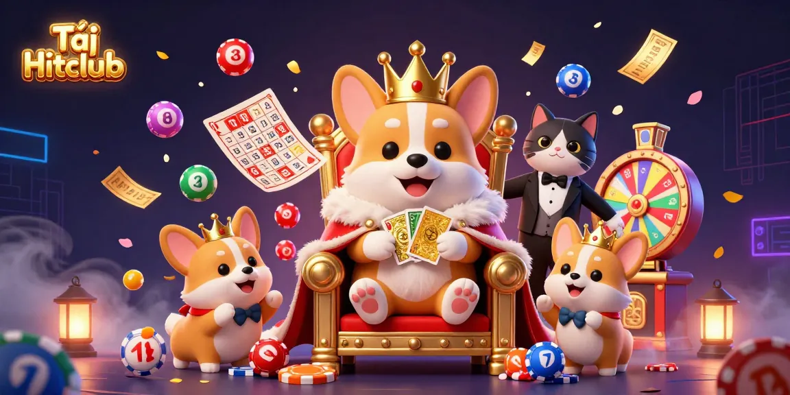 Tải Hitclub for exclusive gaming experiences with vibrant lottery elements and charming corgi characters.