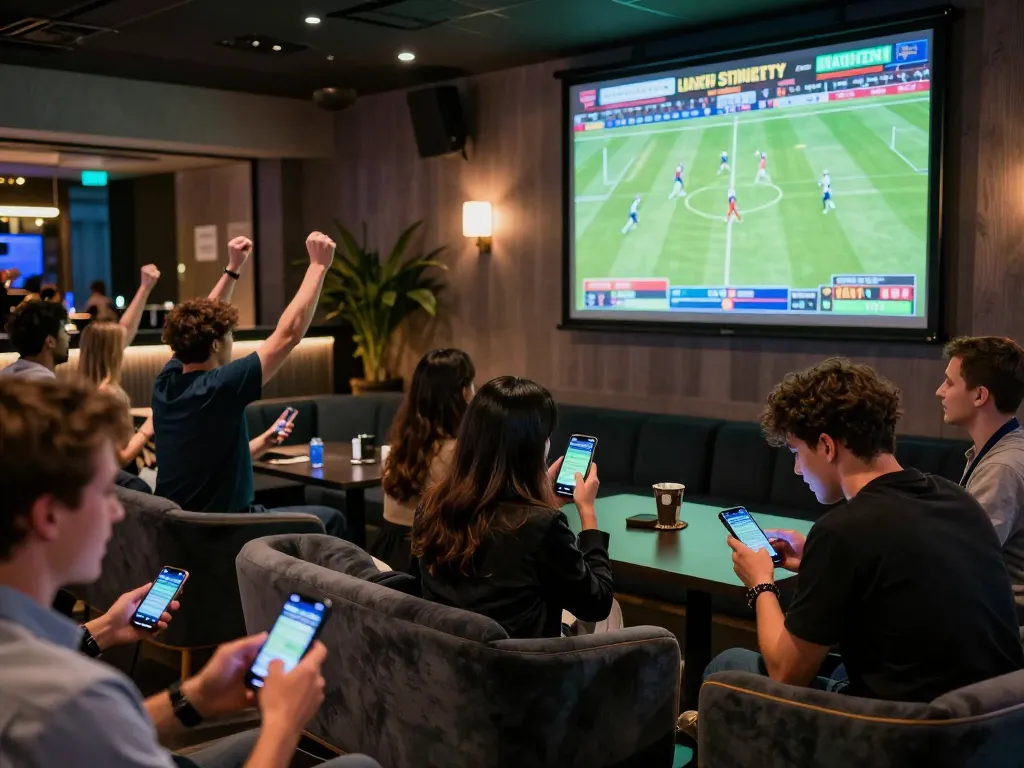 good88 sports betting scene with excited crowd watching live match and using apps