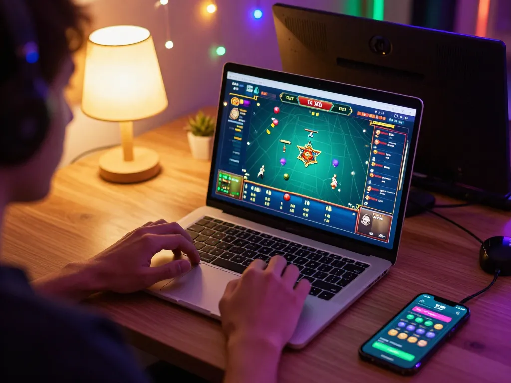 Player engaging with taixiuonline8 on a laptop in a cozy home gaming setup, highlighting online gambling excitement.