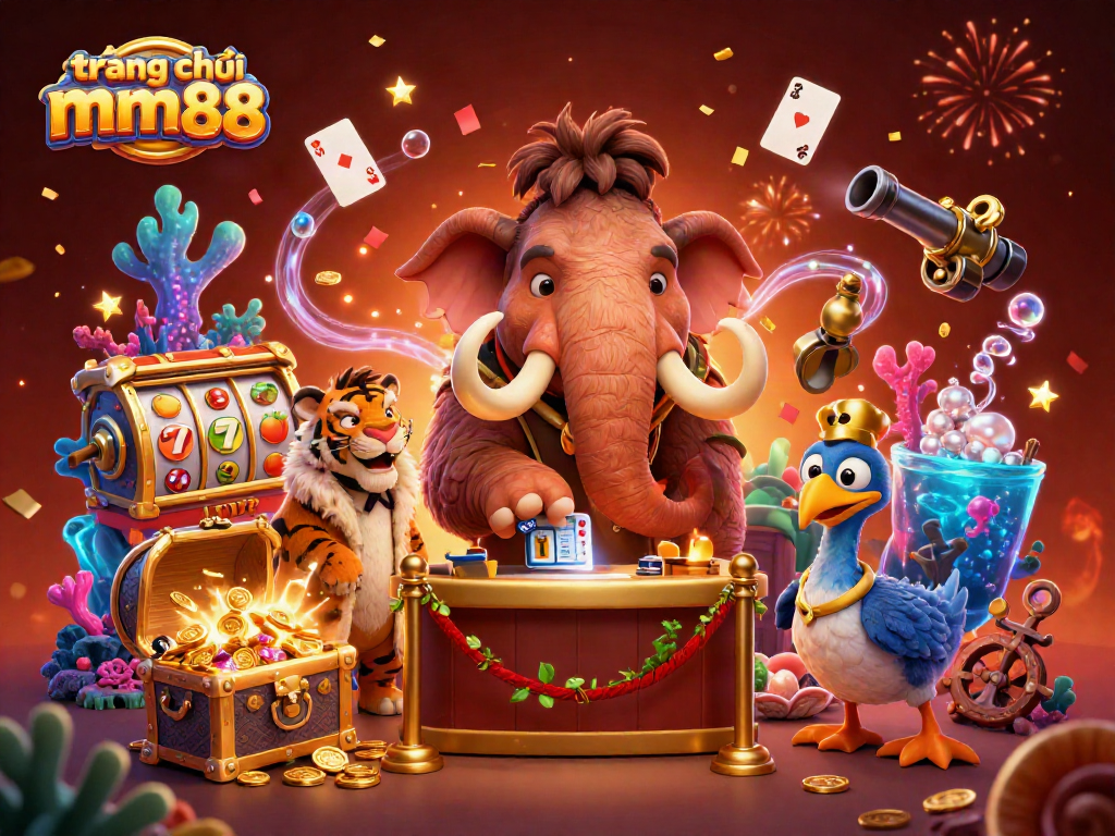 Experience the excitement of trang chủ mm88 with a vibrant, dynamic casino scene featuring playful, interactive 3D characters.