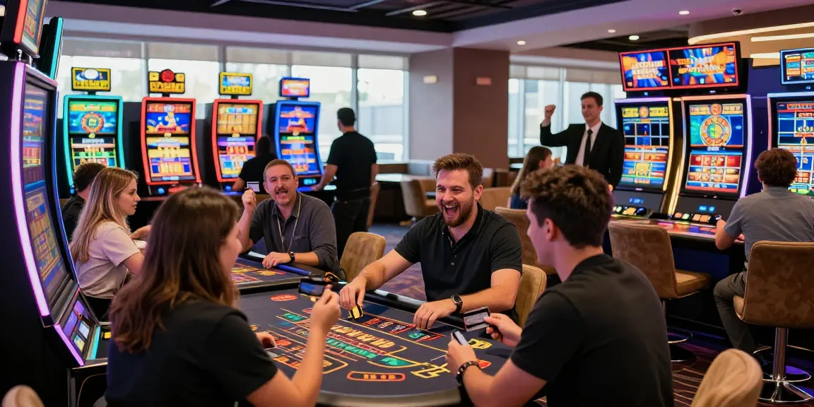 Engaging casino scene showing players using credit cards at mhfe.org.uk, vibrant and lively atmosphere with gaming tables.