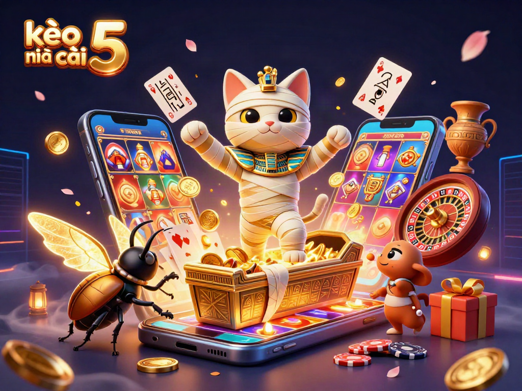 Engage with kèo nhà cái 5 through an exciting 3D casino scene featuring an Egyptian mummy cat and gaming elements.