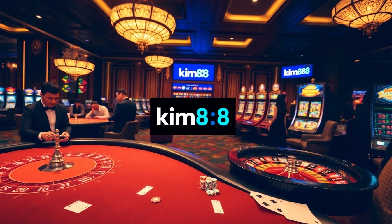 Players enjoying exciting games at the luxurious kim88 casino with vibrant tables and roulette wheels.