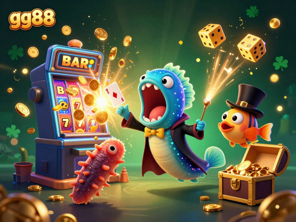 Experience excitement at gg88 with a vibrant 3D illustration of a jackpot party, featuring unique sea characters.
