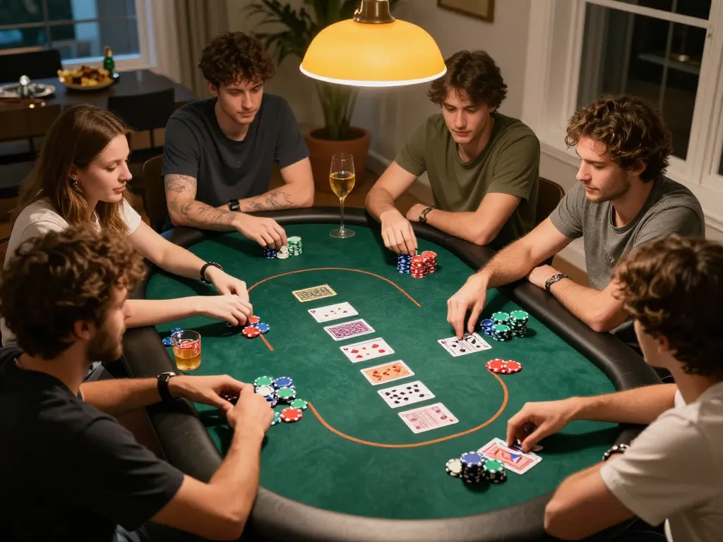 Ace96au players engaged in an exciting home poker game with vibrant chips and warm lighting