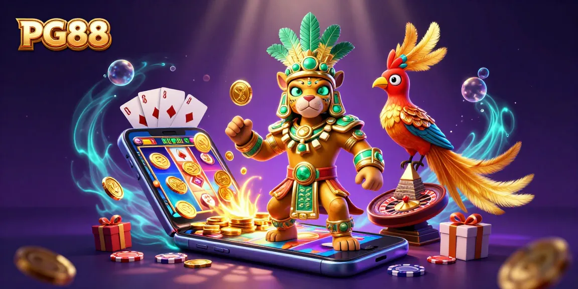 PG88 captures the thrill of online gaming with dynamic 3D illustration, showcasing vibrant slot reels and casino elements.