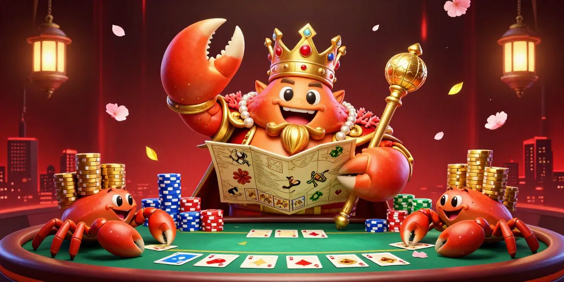 Play with the golden crab emperor at alo8, a lively casino with poker chips and cards in a dynamic setting.