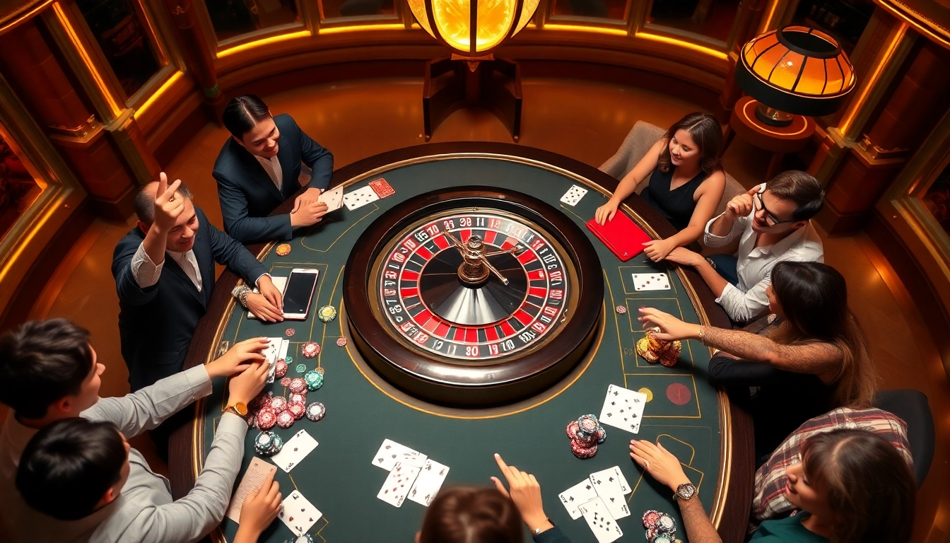 Iwin players celebrating wins at a vibrant casino table with poker chips and roulette.