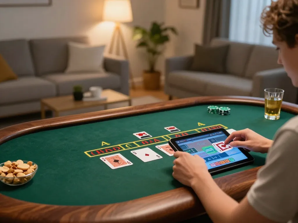 Sao789 user playing live casino games on tablet in a cozy home setup, enjoying a safe gambling experience.
