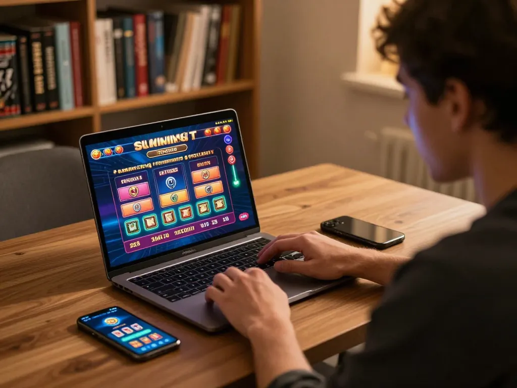 Person engaged in online sunwingo gaming session at home, showcasing strategy and focus.