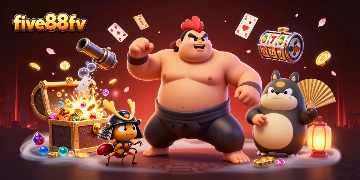 Engage with five88fv as a sumo wrestler rooster and samurai cricket dominate a vibrant casino scene.