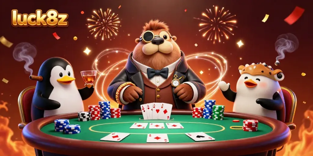 Engage in poker with luck8z at an underwater table featuring vibrant characters and lively atmosphere.