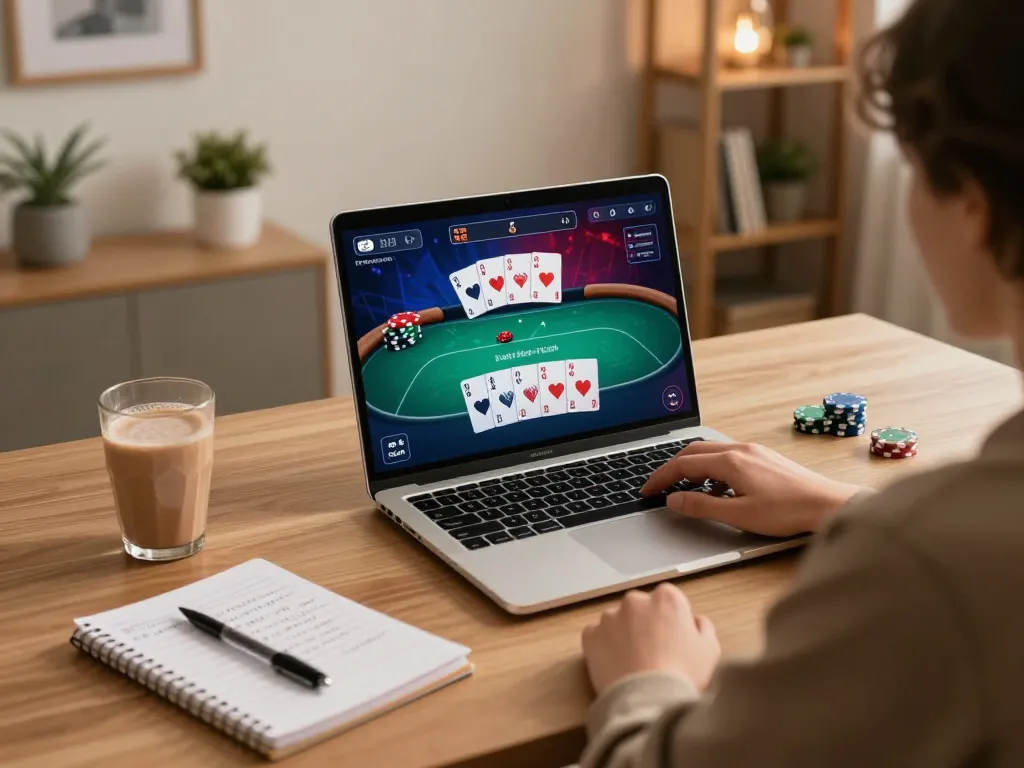 Player engaging with hit-club poker game on laptop, showcasing vibrant interface and strategic preparation.
