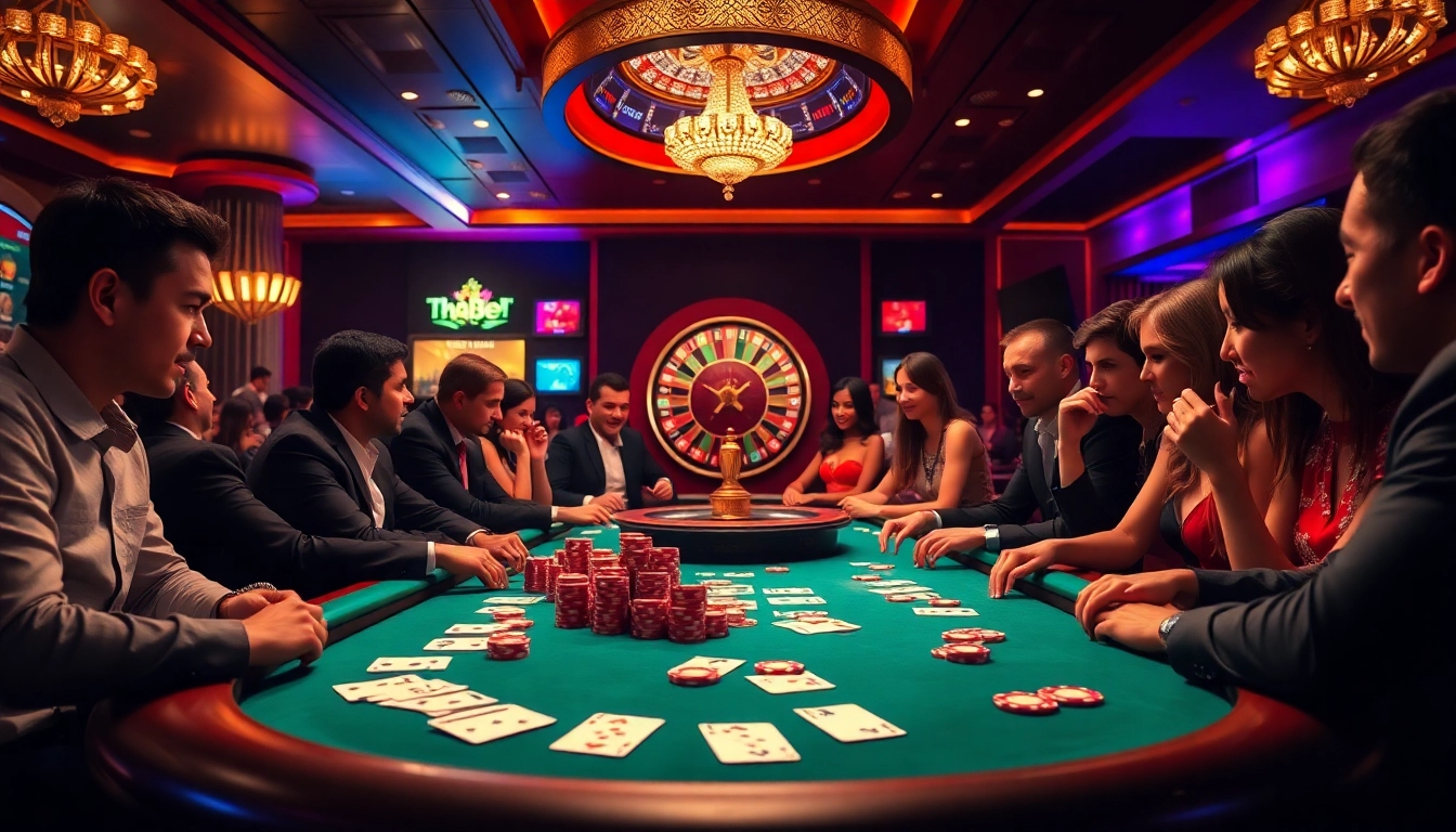 Players enjoying poker at thabet777 casino, surrounded by excitement and luxury.