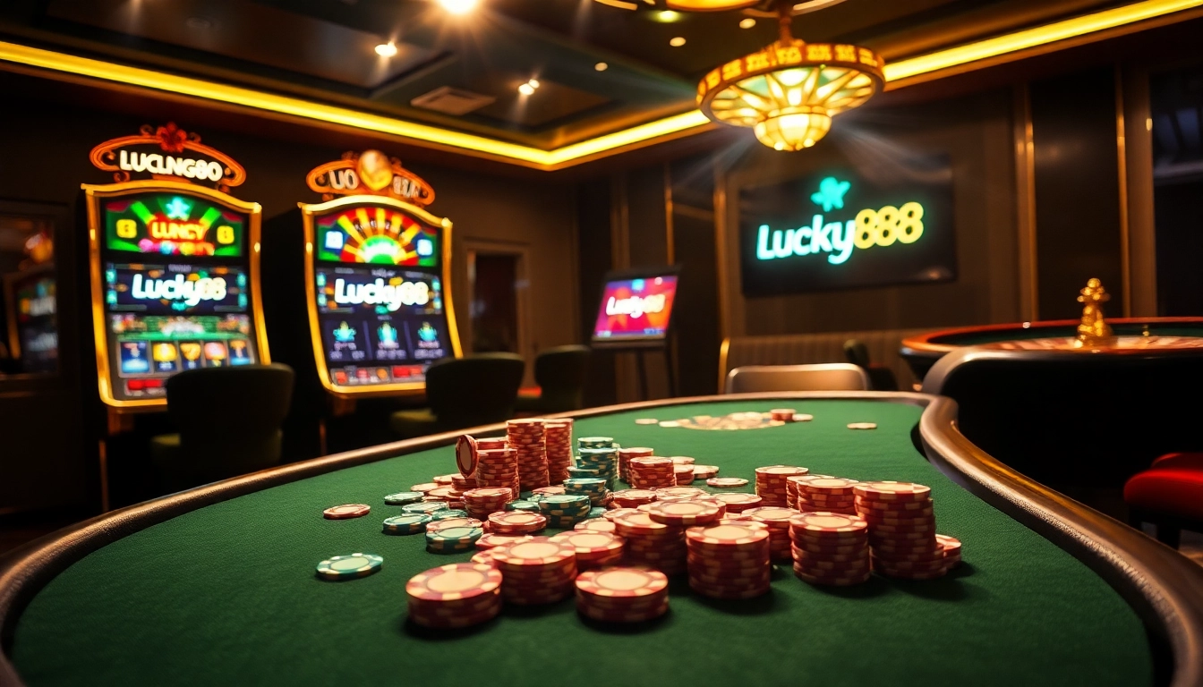 Experience the thrill of Lucky88 at a vibrant casino scene with poker chips and slot machines.