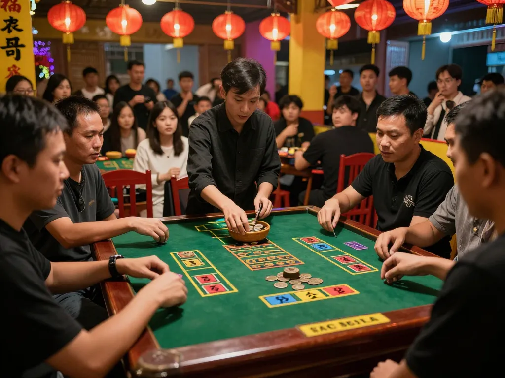 Xóc đĩa game in action with players placing bets and dealer shaking coins, illustrating vibrant gambling culture.