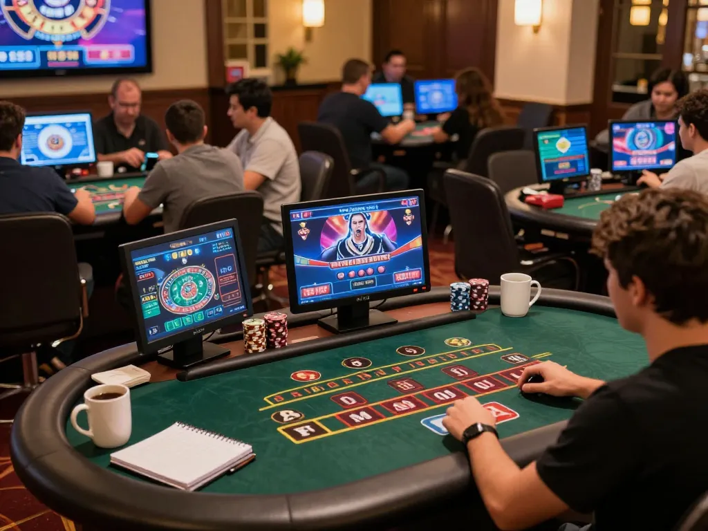Players engaging in online gaming experiences with Fun88 through various devices, showcasing excitement and strategy.