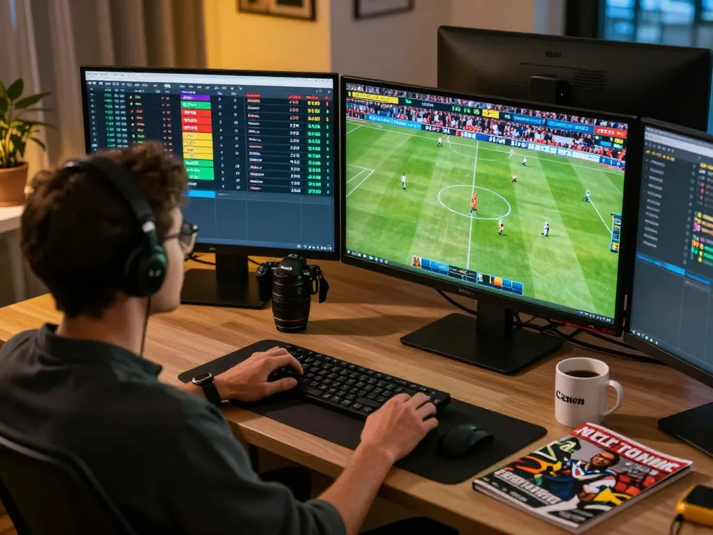 sin88 user strategizing bets during live sports event on multiple screens