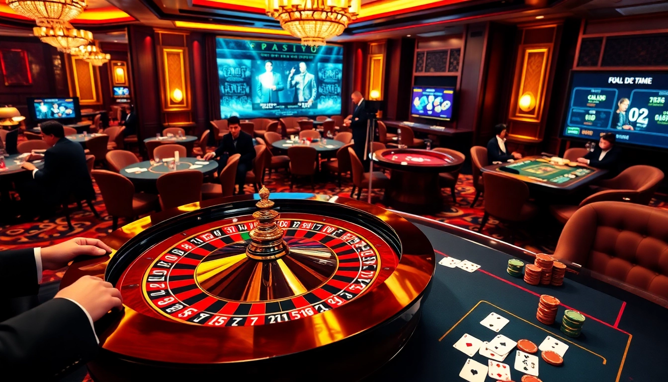 Engage in the excitement of "lo de uy tin" with a luxurious casino atmosphere featuring roulette and poker tables.