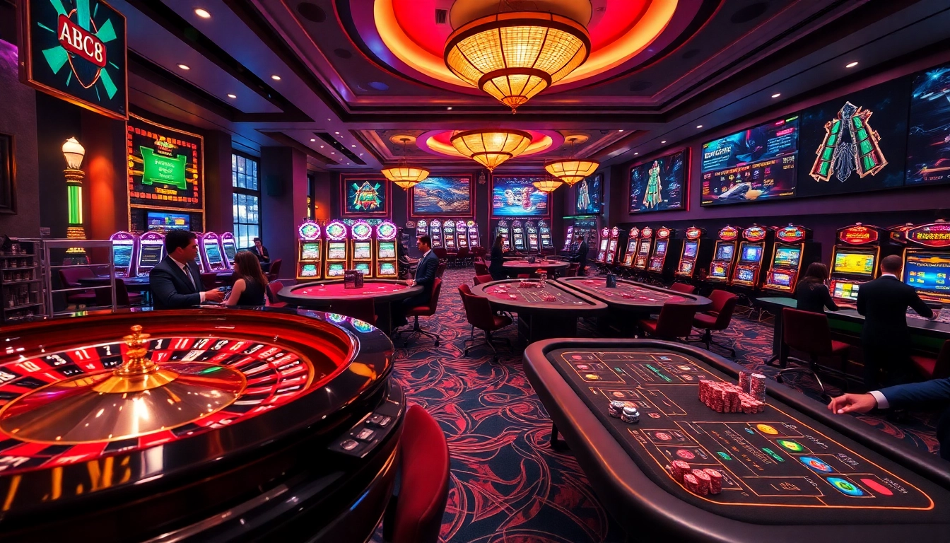 Players enjoying high-stakes poker at ABC8 casino, showcasing vibrant gaming ambiance and professional dealers.