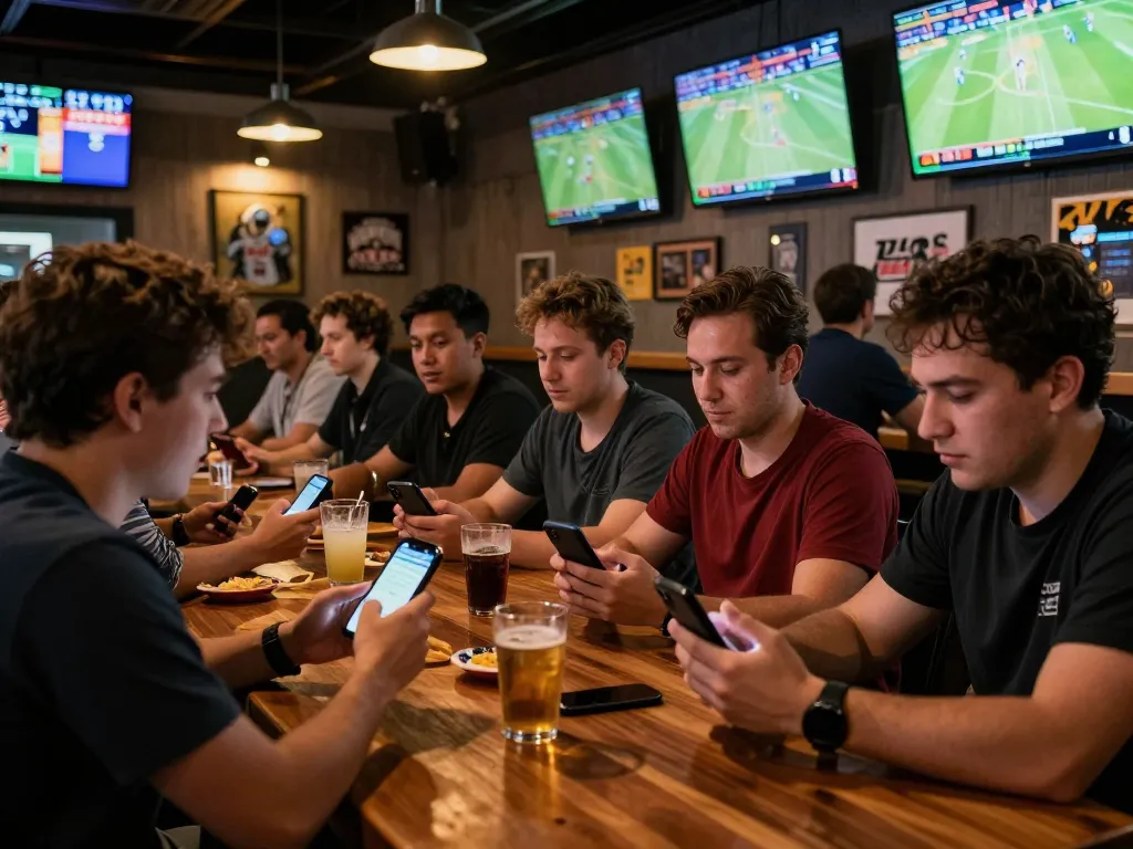 Fans placing bets on sbobet during live sports events at a lively sports bar