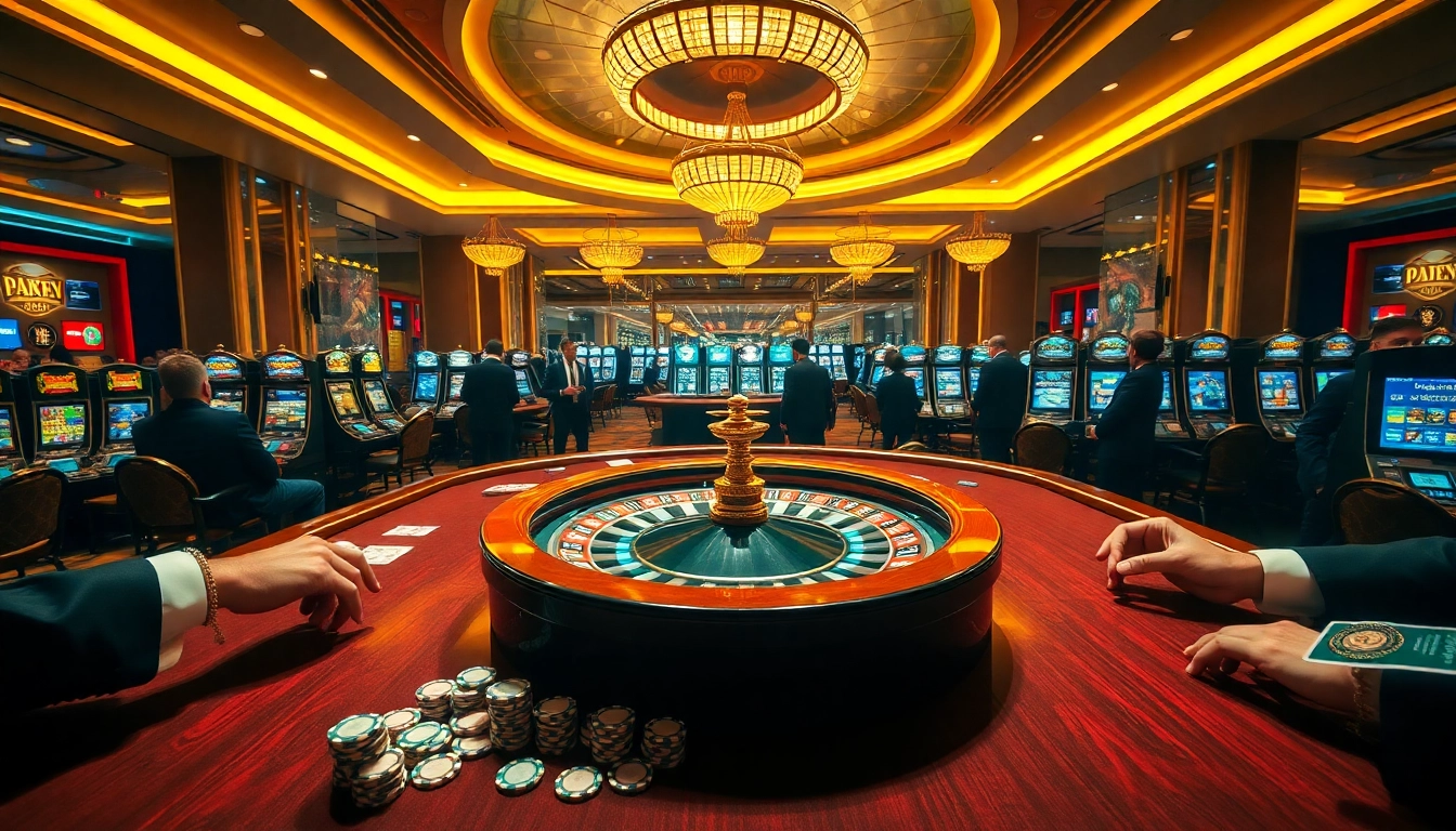 A thrilling casino scene at https://c168game.com/, featuring intense poker action, vibrant roulette wheels, and colorful slot machines.