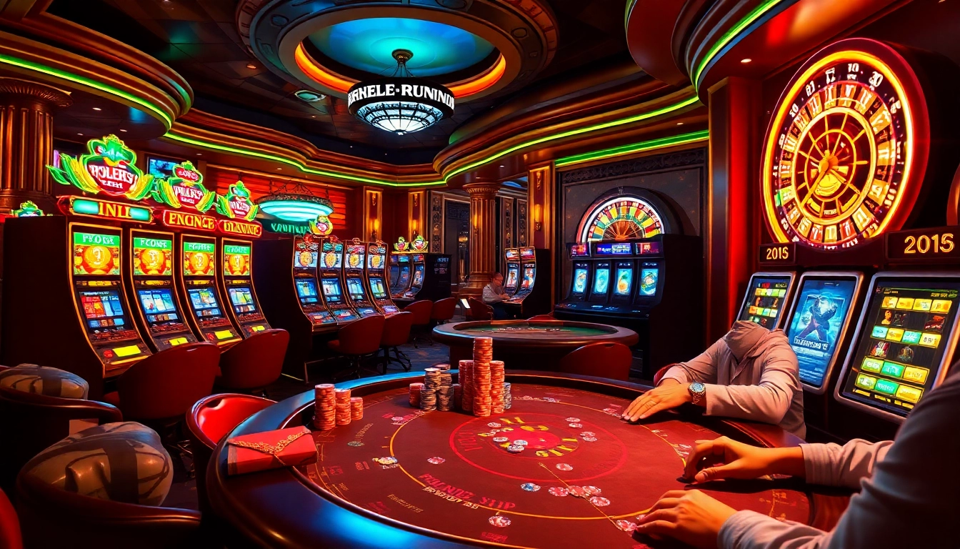 Experience thrilling action at eejl33's vibrant casino with players enjoying poker and slot machines.