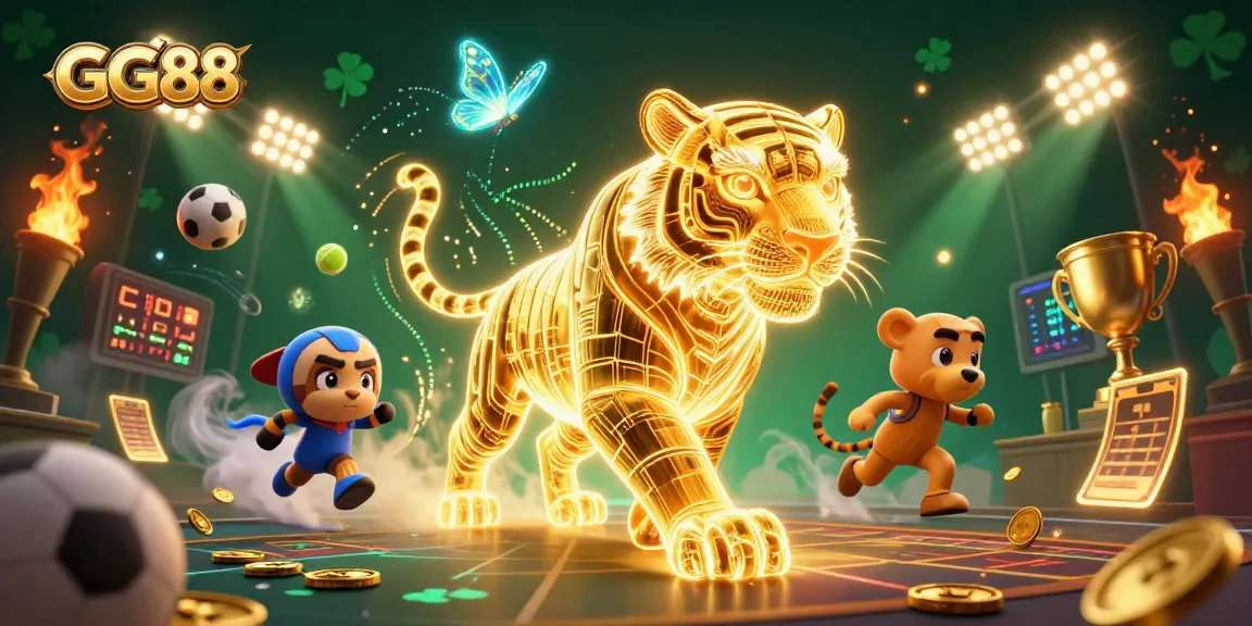 Experience thrilling gameplay at GG88 with a golden tiger in a vibrant digital casino scene.