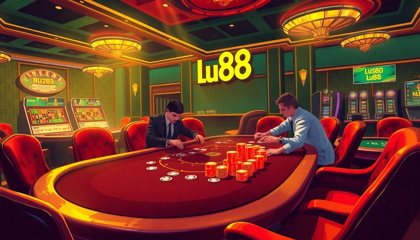 Engage with Lu88 in a luxurious high-stakes poker scene filled with thrilling casino elements.