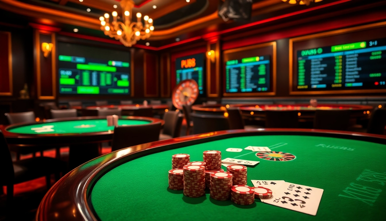 Players engaging in exciting games at PUB88's modern casino tables, featuring poker chips and a roulette wheel.