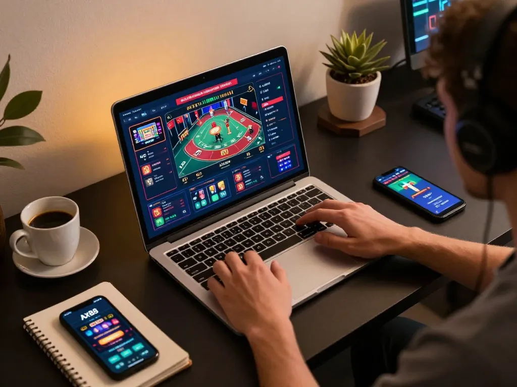 Engaged player strategizing with AX88 on laptop, showcasing an inviting online gambling setup.