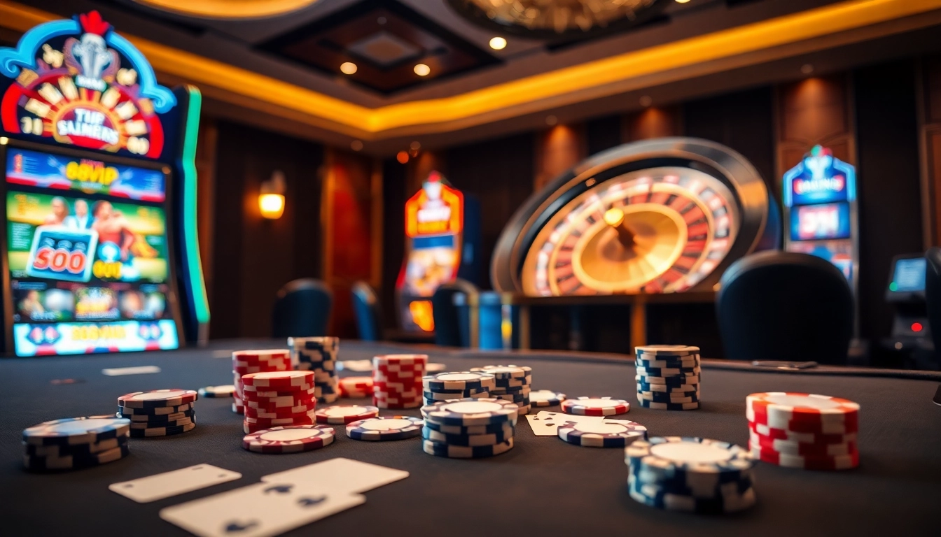 Exciting poker game at 68VIP casino showcasing vibrant chips and cards.