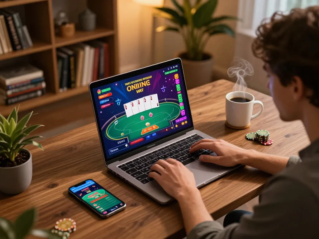 Engaging in online casino gaming at 789win with a laptop and smartphone, showcasing strategic play.